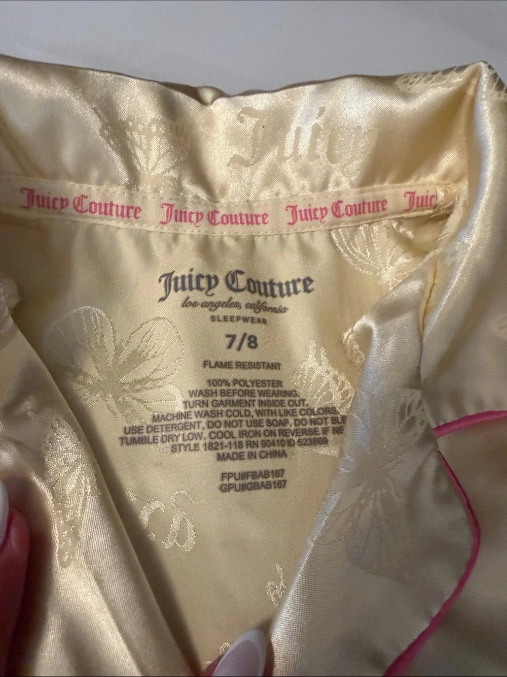 Juicy Couture Pale Yellow Satin Butterfly-Print Kids Pajama Set with Pink trim